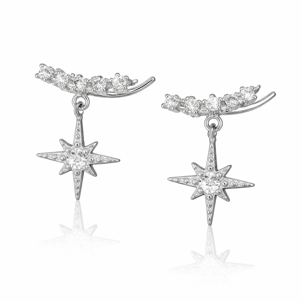 Sterling Silver CZ Curved Bar W/ Dangling North Star Threader Earring Cuff