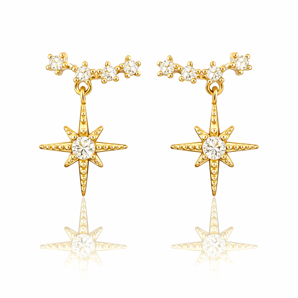 Sterling Silver CZ Curved Bar W/ Dangling North Star Threader Earring Cuff