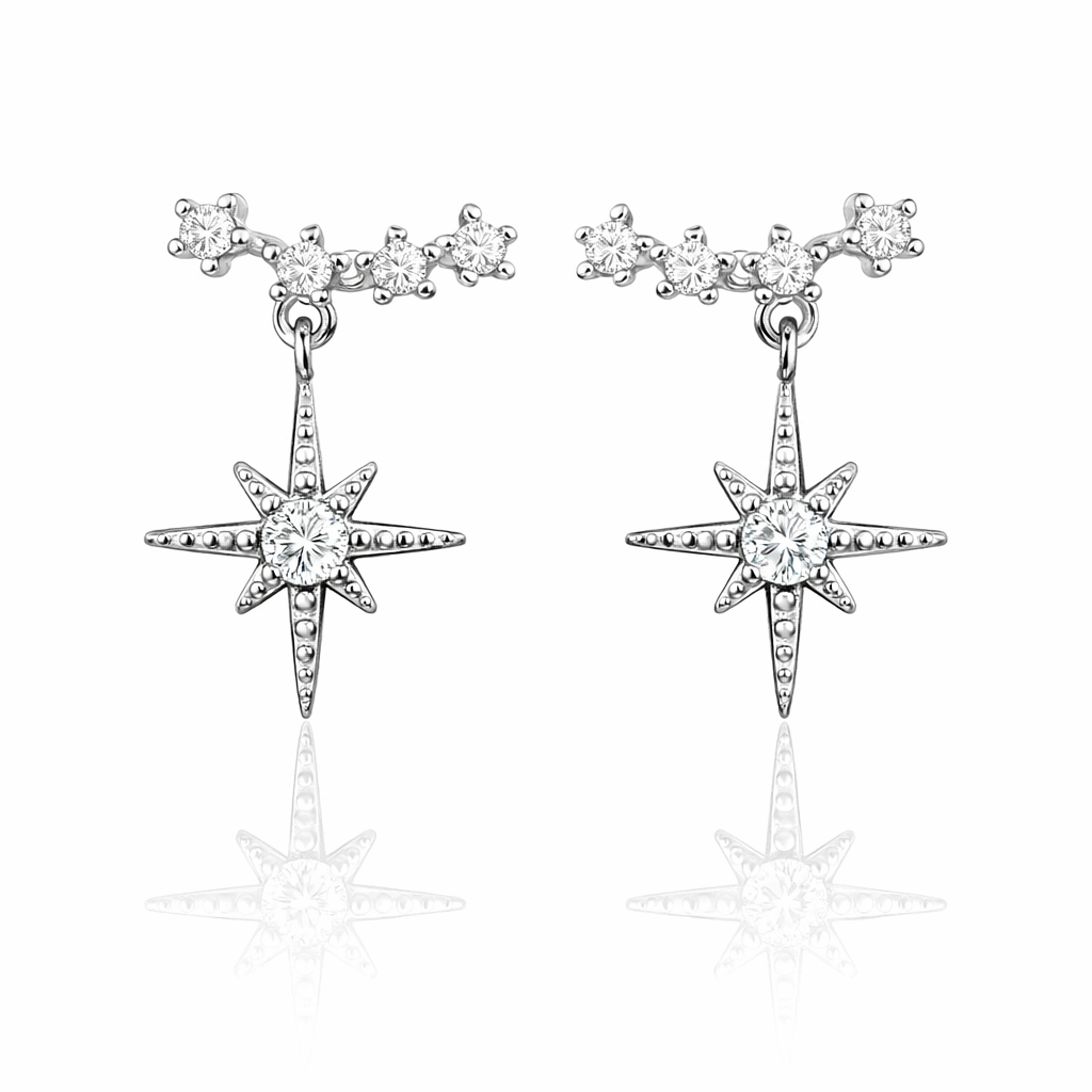 Sterling Silver CZ Curved Bar W/ Dangling North Star Threader Earring Cuff