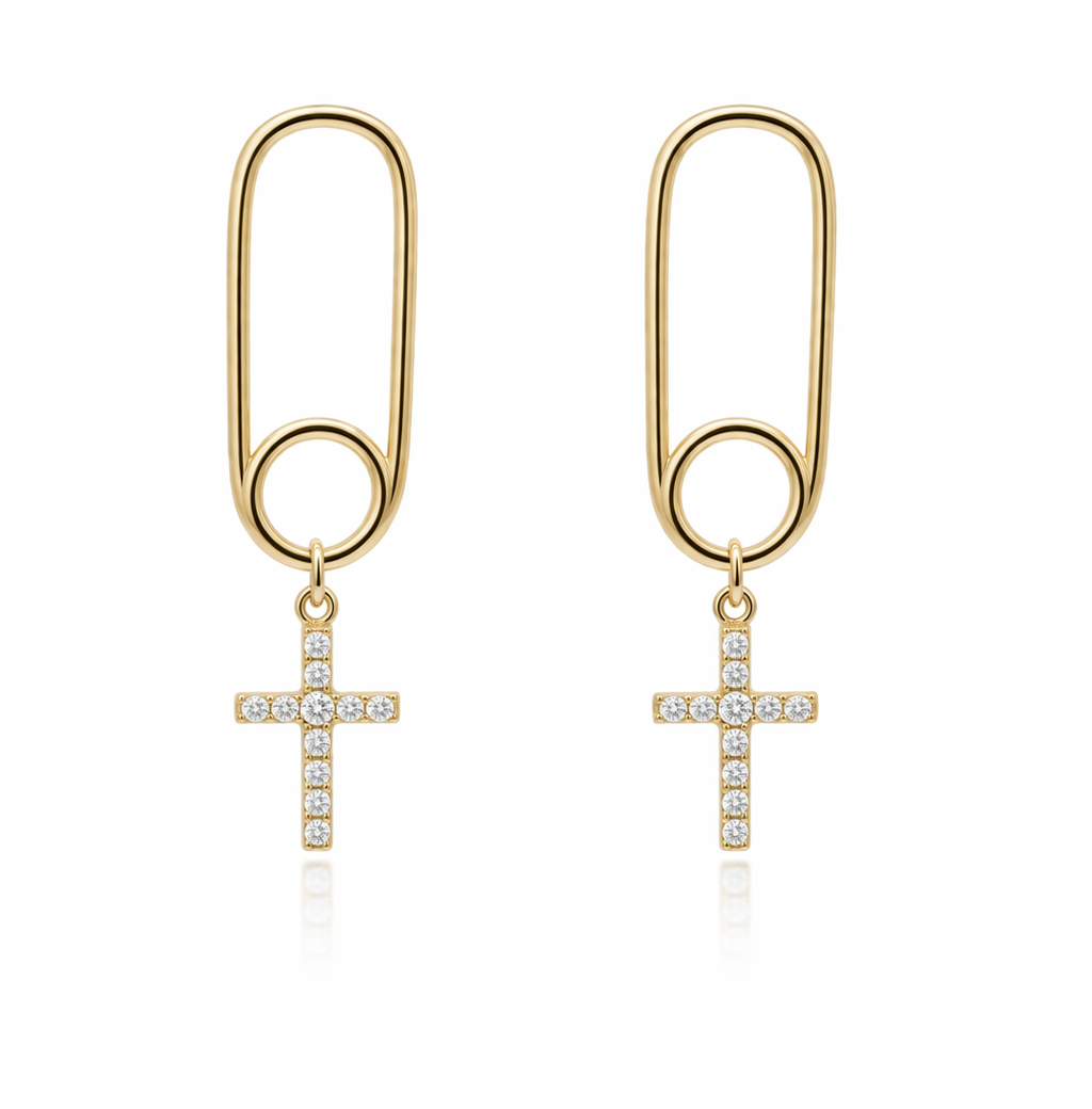 Sterling Silver Paperclip W/ Dangling CZ Cross Post Earrings