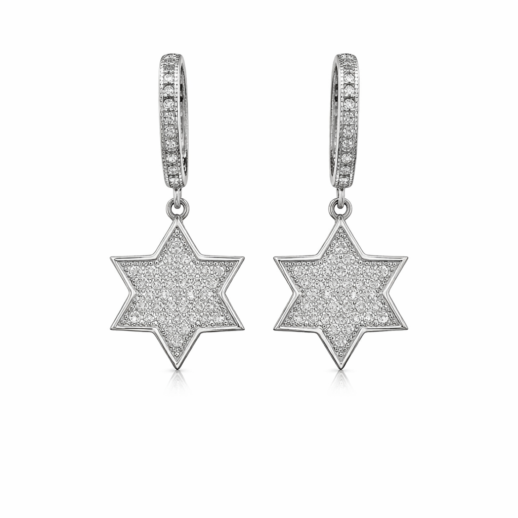 Sterling Silver Dangling CZ Star Of David Huggie Earrings