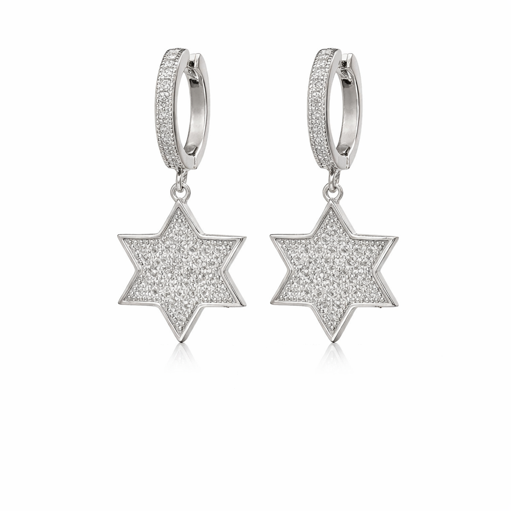Sterling Silver Dangling CZ Star Of David Huggie Earrings