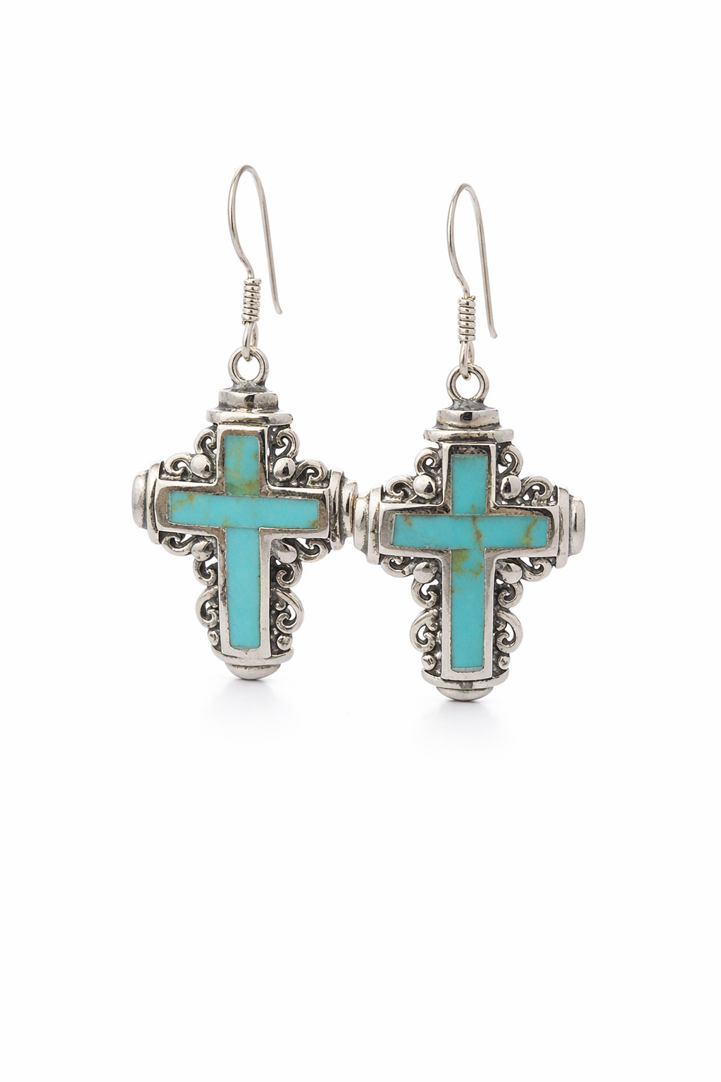Sterling Silver Turquoise Cross Dangling Earrings