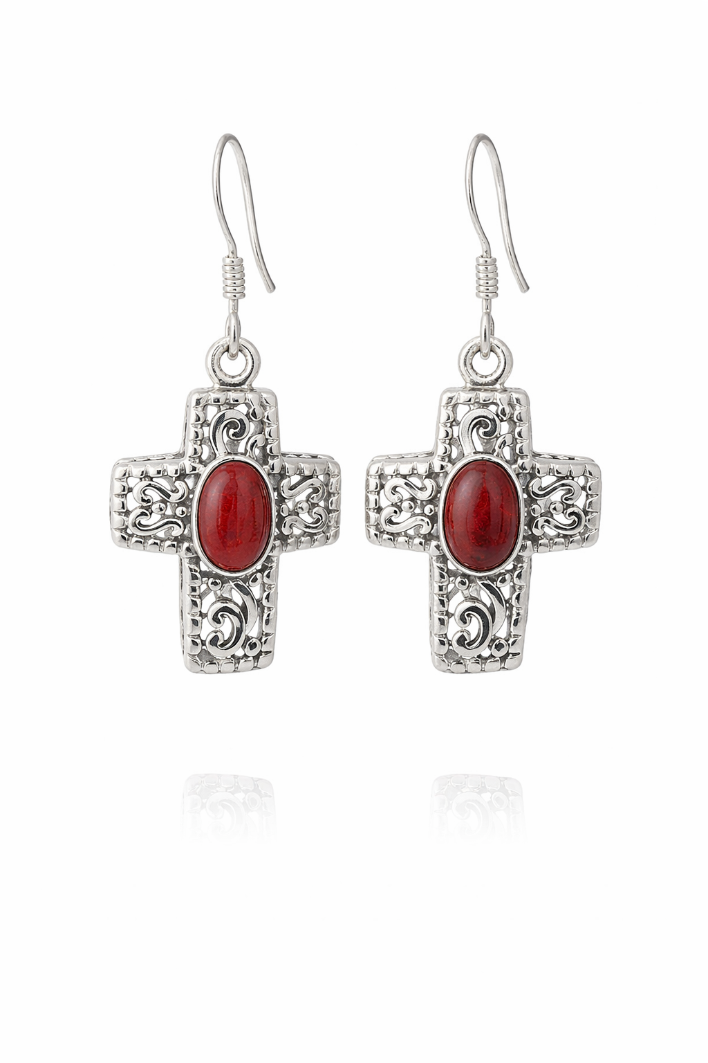 Sterling Silver Filigree Cross W/ Colored Oval Stone Dangling Earrings