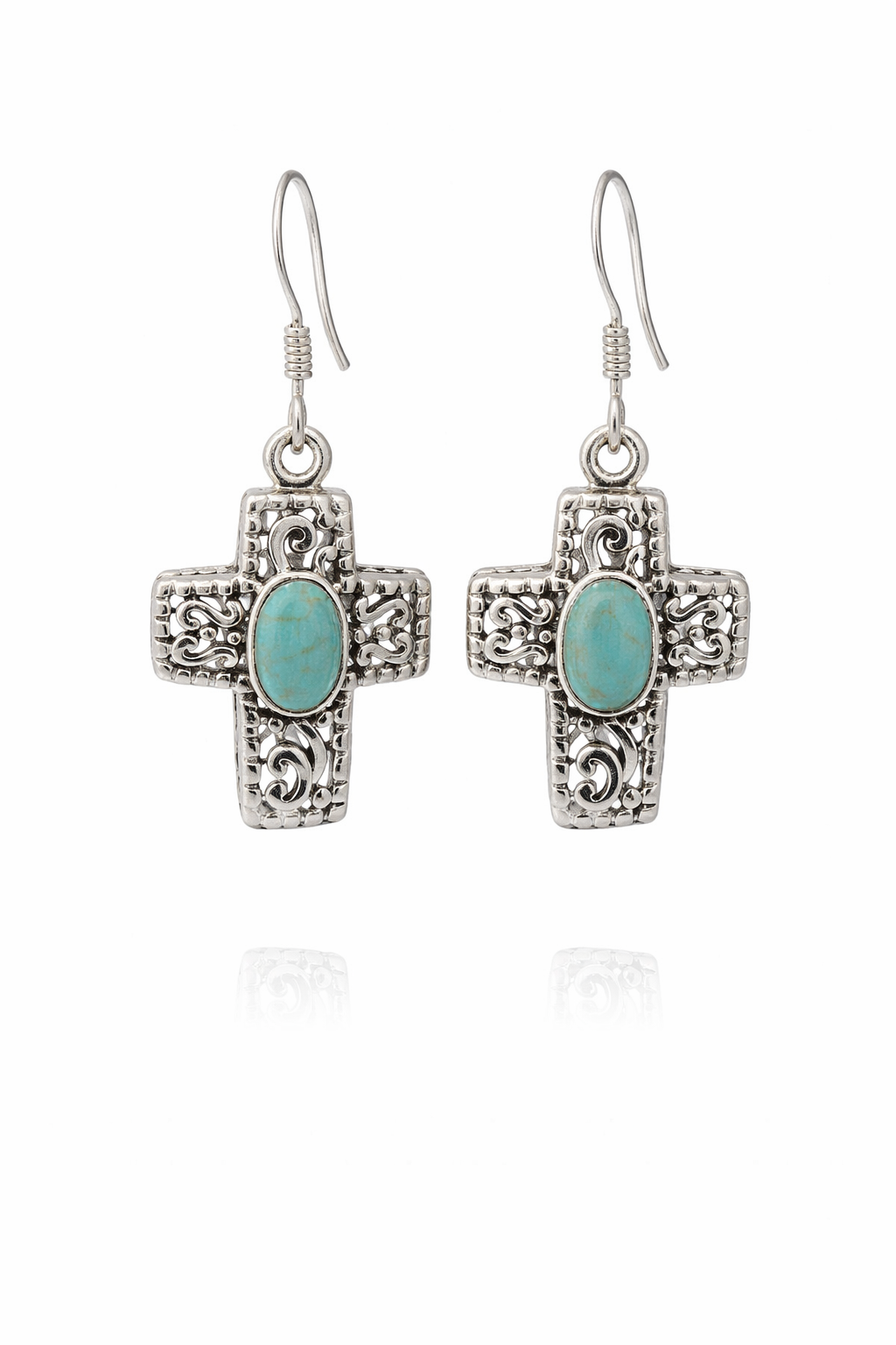 Sterling Silver Filigree Cross W/ Colored Oval Stone Dangling Earrings