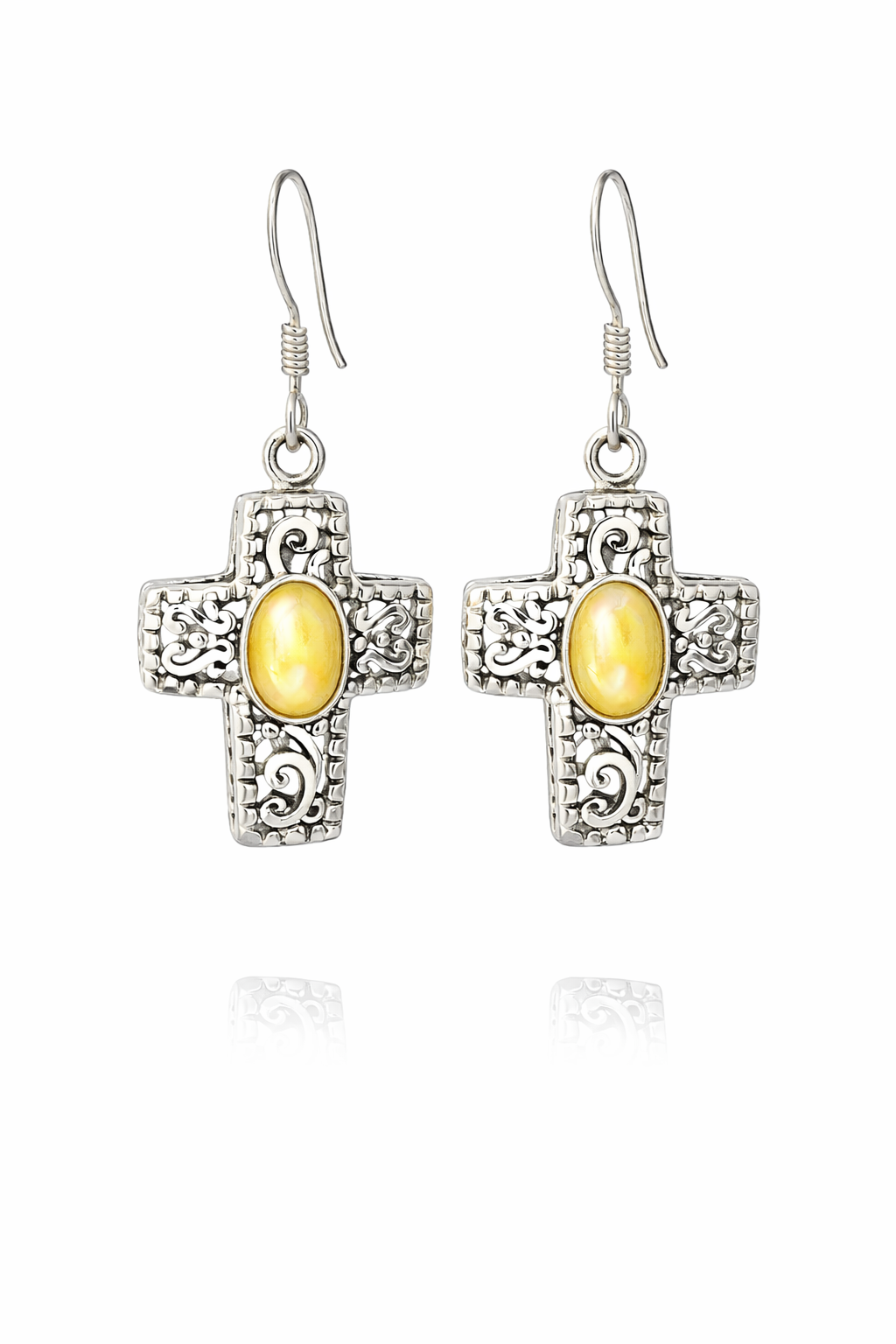 Sterling Silver Filigree Cross W/ Colored Oval Stone Dangling Earrings