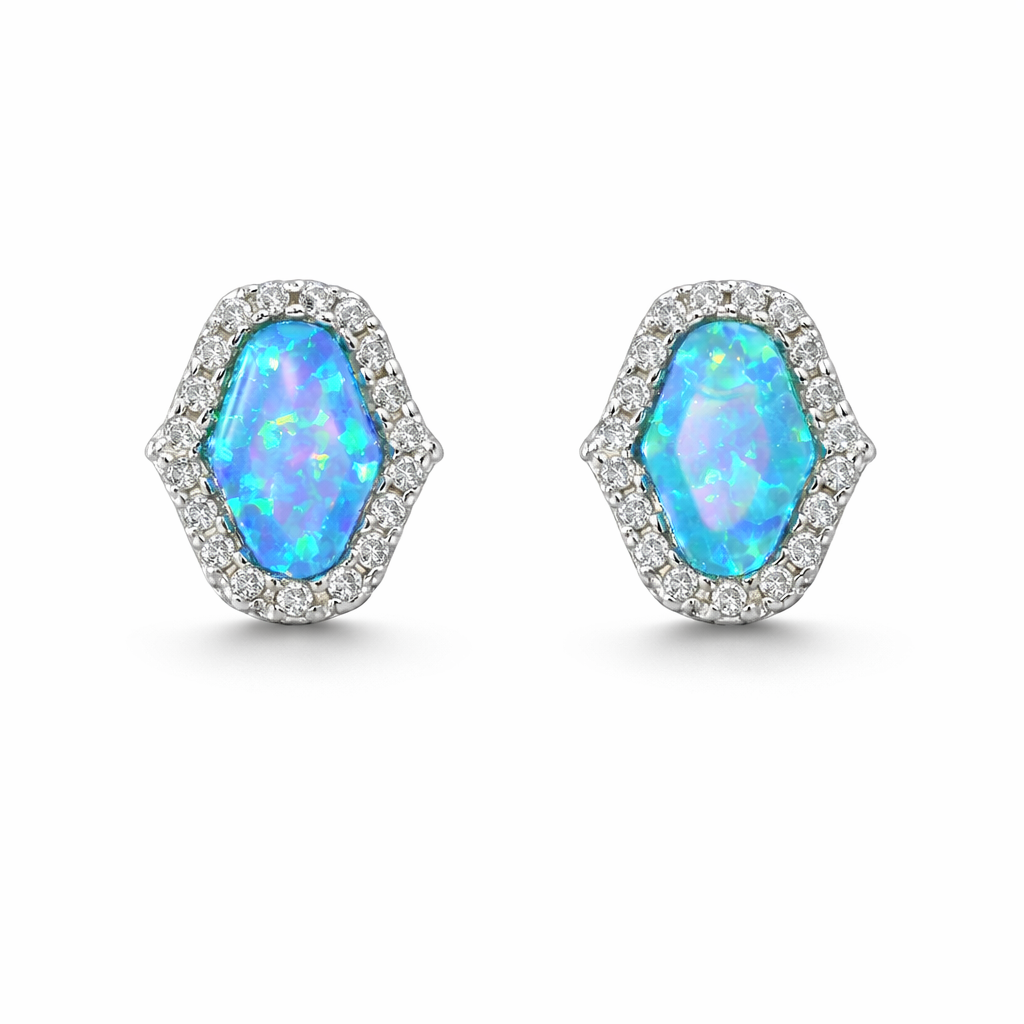Sterling Silver Blue Opal CZ Hamsa Hand Stud Earrings