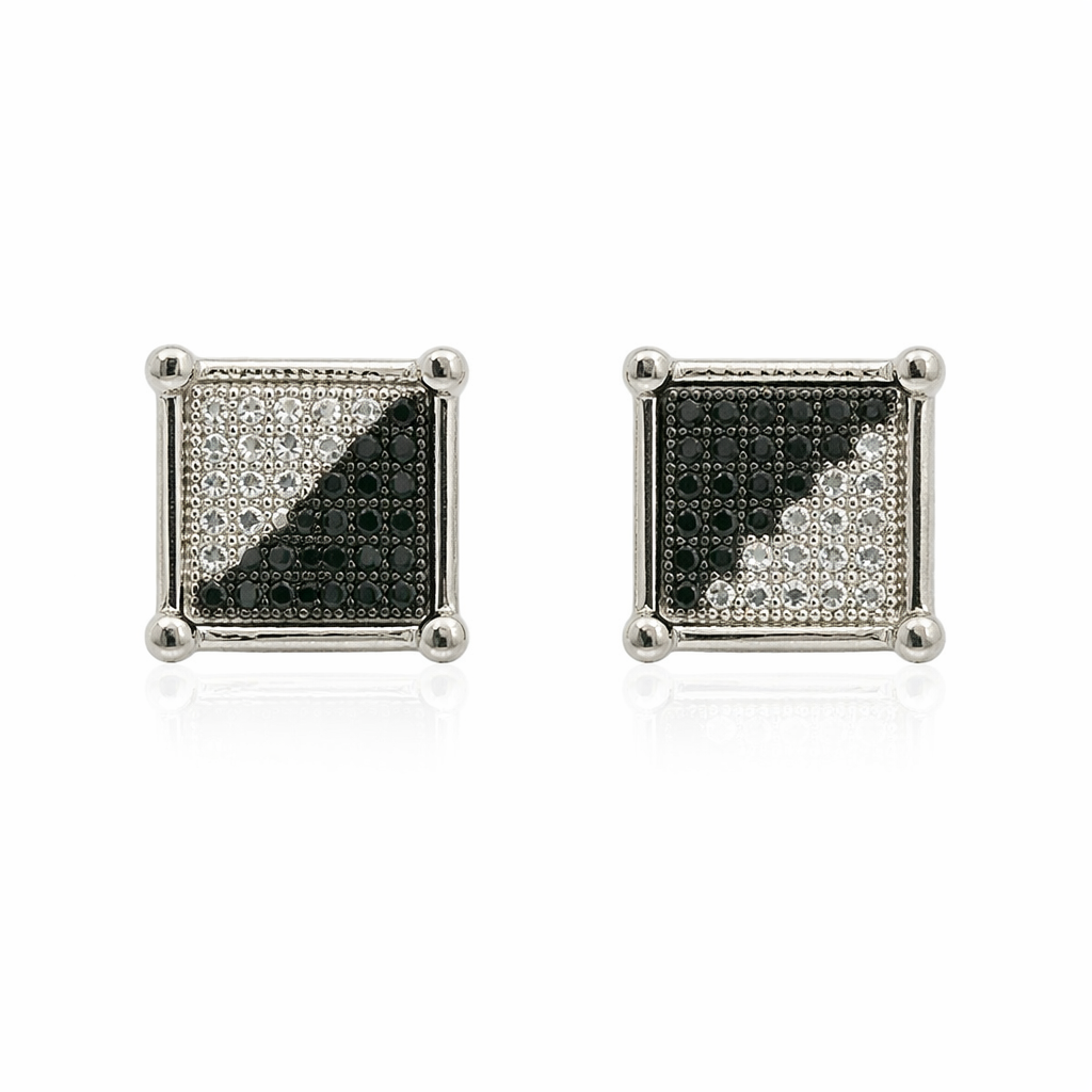 Sterling Silver Square Half Black Half Silver Earrings