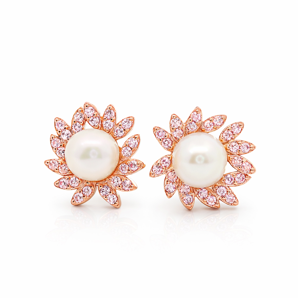 Sterling Silver Rose Gold Light Pink CZ & Pearl Flower Earrings