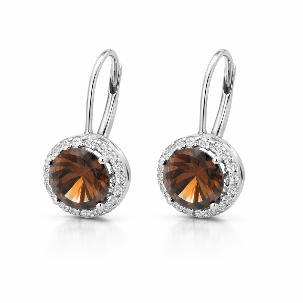 Sterling Silver Brown CZ Round Halo Huggie Earrings