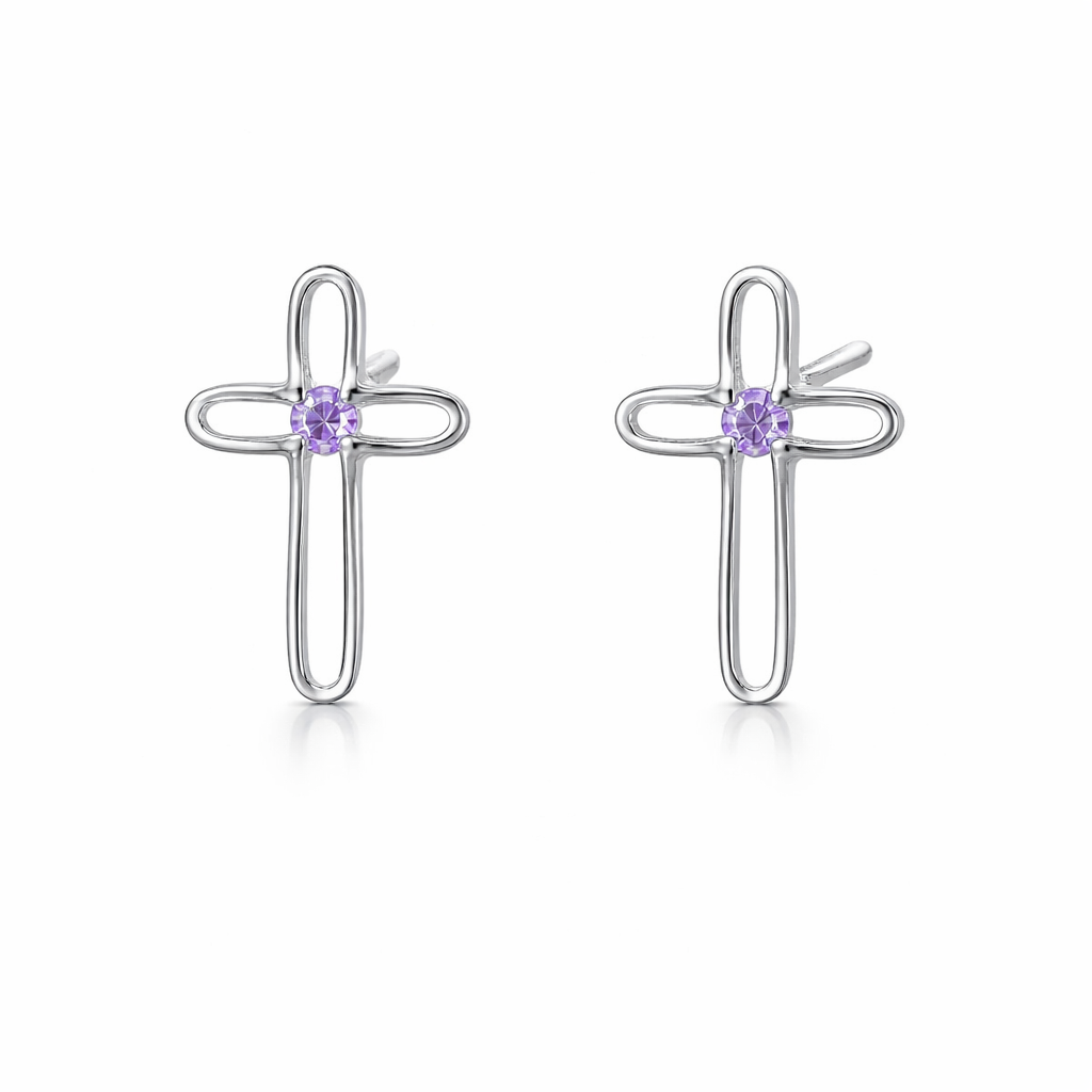 Sterling Silver Open Cross Earrings with Purple Center Gemstone