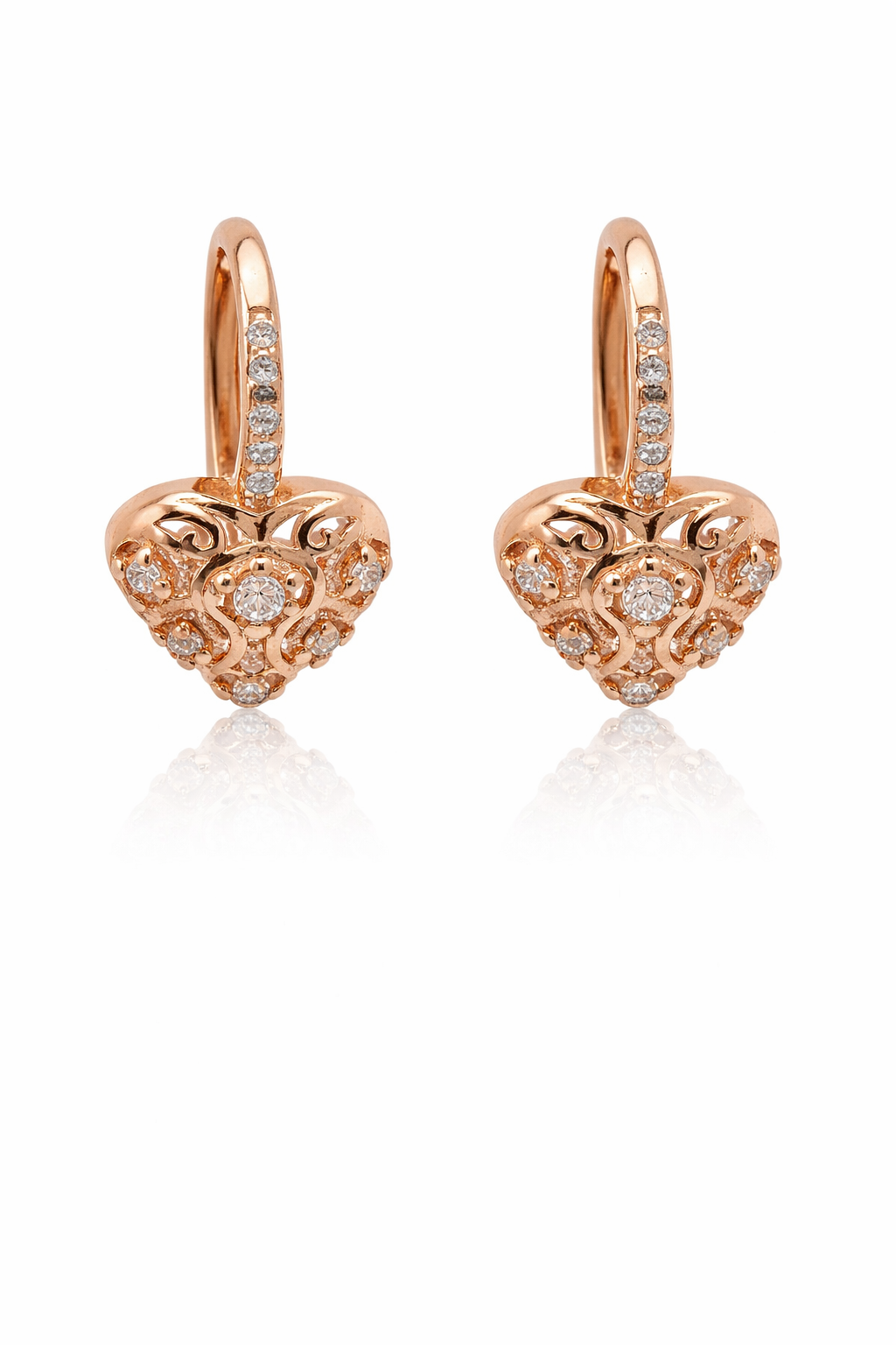 Sterling Silver Rose Gold Plated Heart Lever Back Earrings