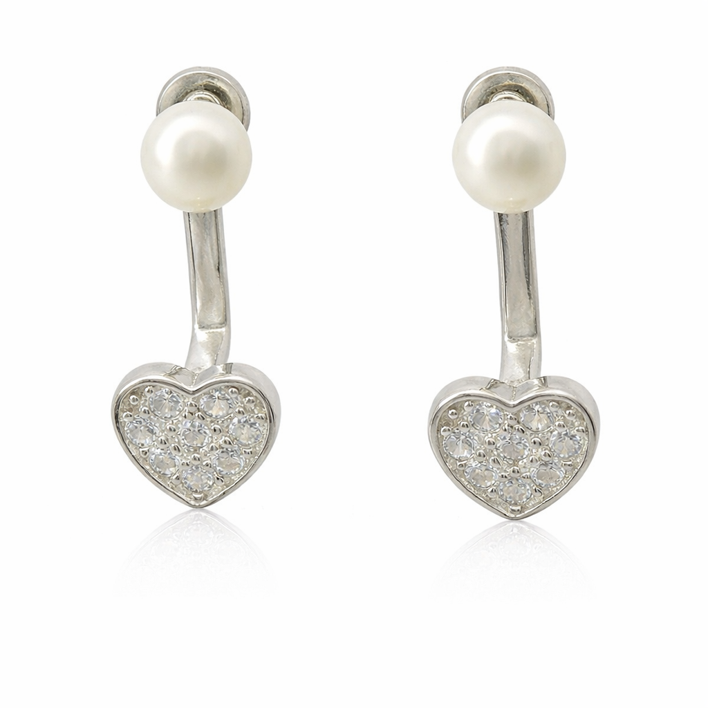Sterling Silver Two Piece Pearl Heart Earrings