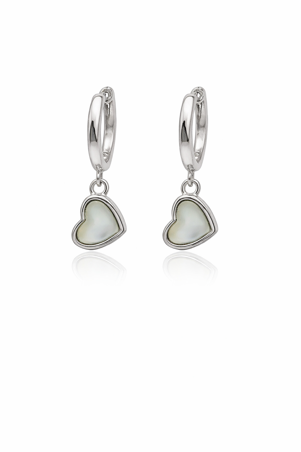 Sterling Silver Dangling CZ Or Mother Pearl Heart Charm Mini Hoop Earrings