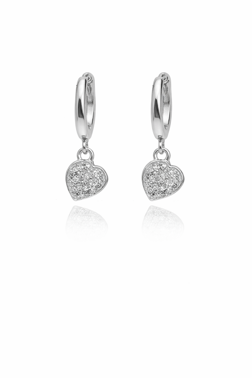 Sterling Silver Dangling CZ Or Mother Pearl Heart Charm Mini Hoop Earrings