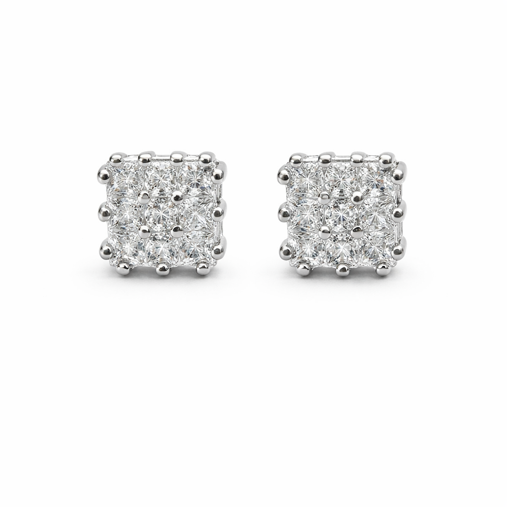 Sterling Silver Square CZ Cluster Earrings