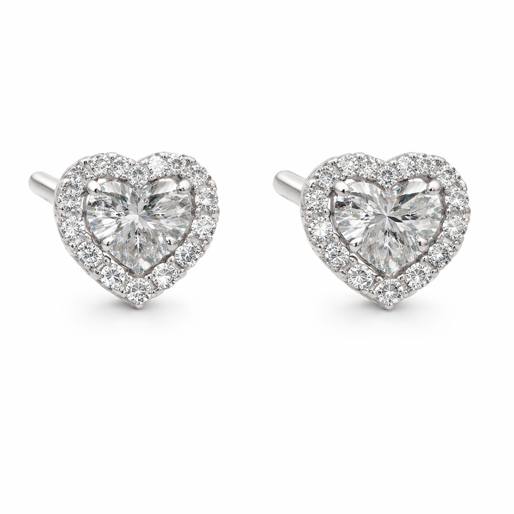 Sterling Silver CZ Halo Heart Stud Earrings