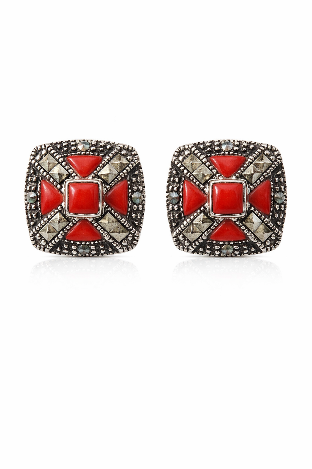 Sterling Silver Marcasite & Colored Stone Square Earrings