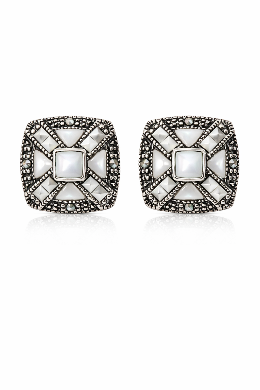 Sterling Silver Marcasite & Colored Stone Square Earrings