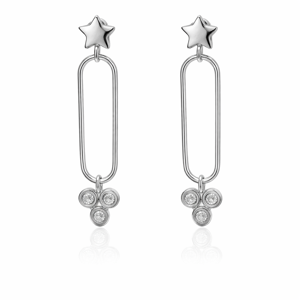 STERLING SILVER CZ STAR OPEN OVAL & DANGLING BEZELS POST EARRING
