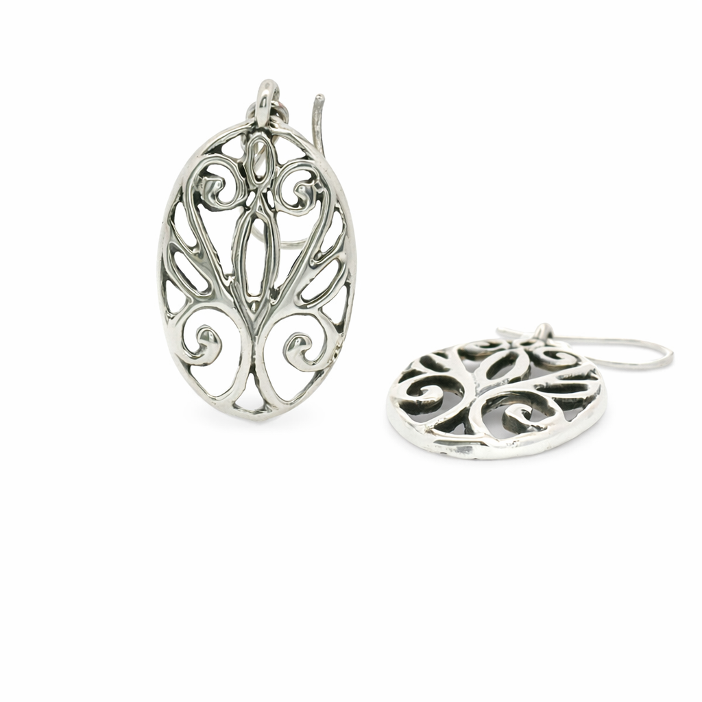 Sterling Silver Vertical Oval Filigree Design Dangle Earrings
