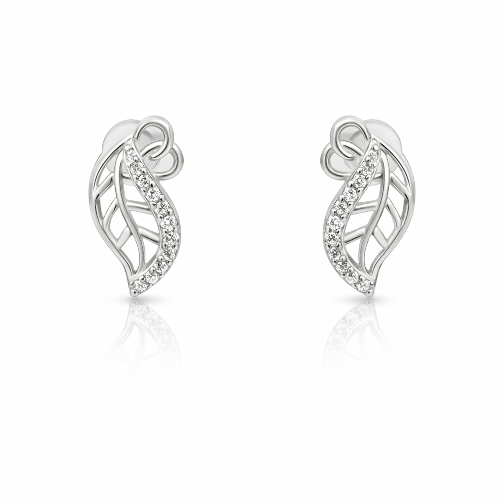 Sterling Silver Leaf Half CZ Border Studs