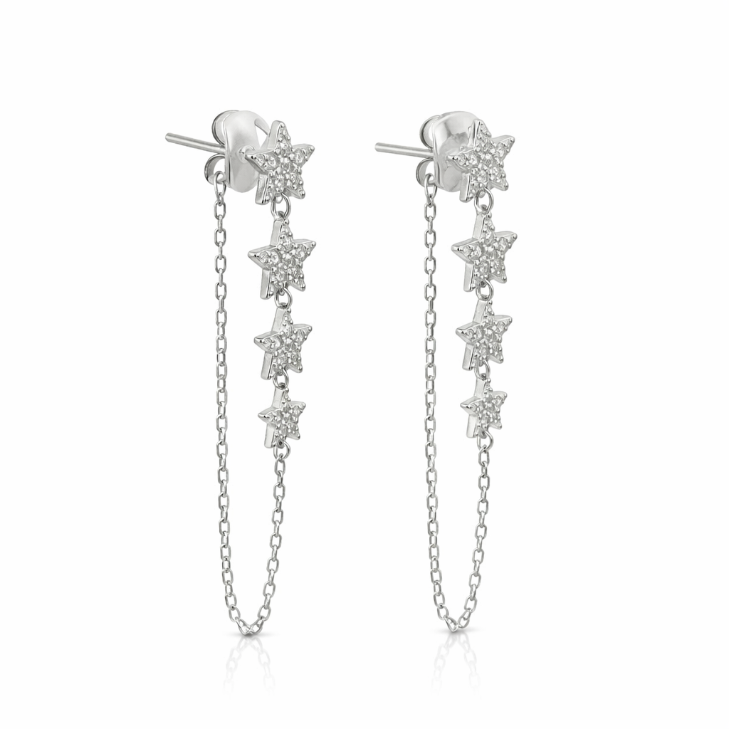 Sterling Silver 4 Star CZ Dangle Front To Back Earrings