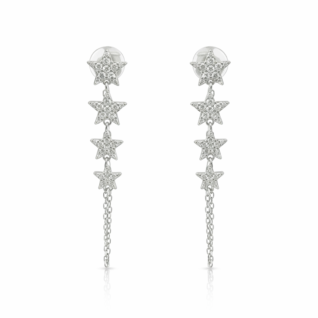 Sterling Silver 4 Star CZ Dangle Front To Back Earrings