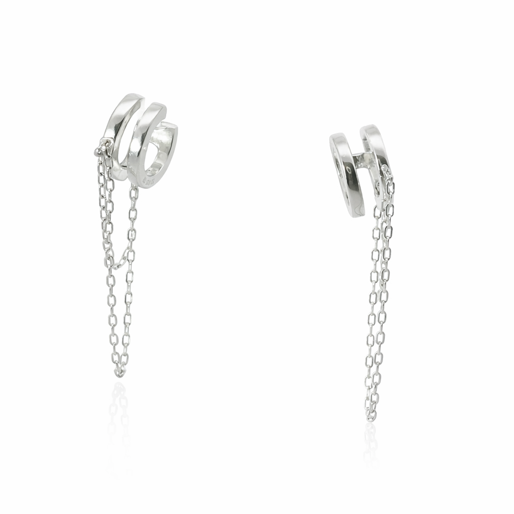 Sterling Silver Dangling Chain Huggie Double Hoop Earrings
