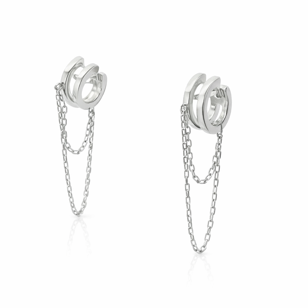 Sterling Silver Dangling Chain Huggie Double Hoop Earrings