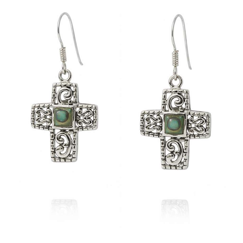 Sterling Silver Abalone Filigree Design Dangling Cross Earrings