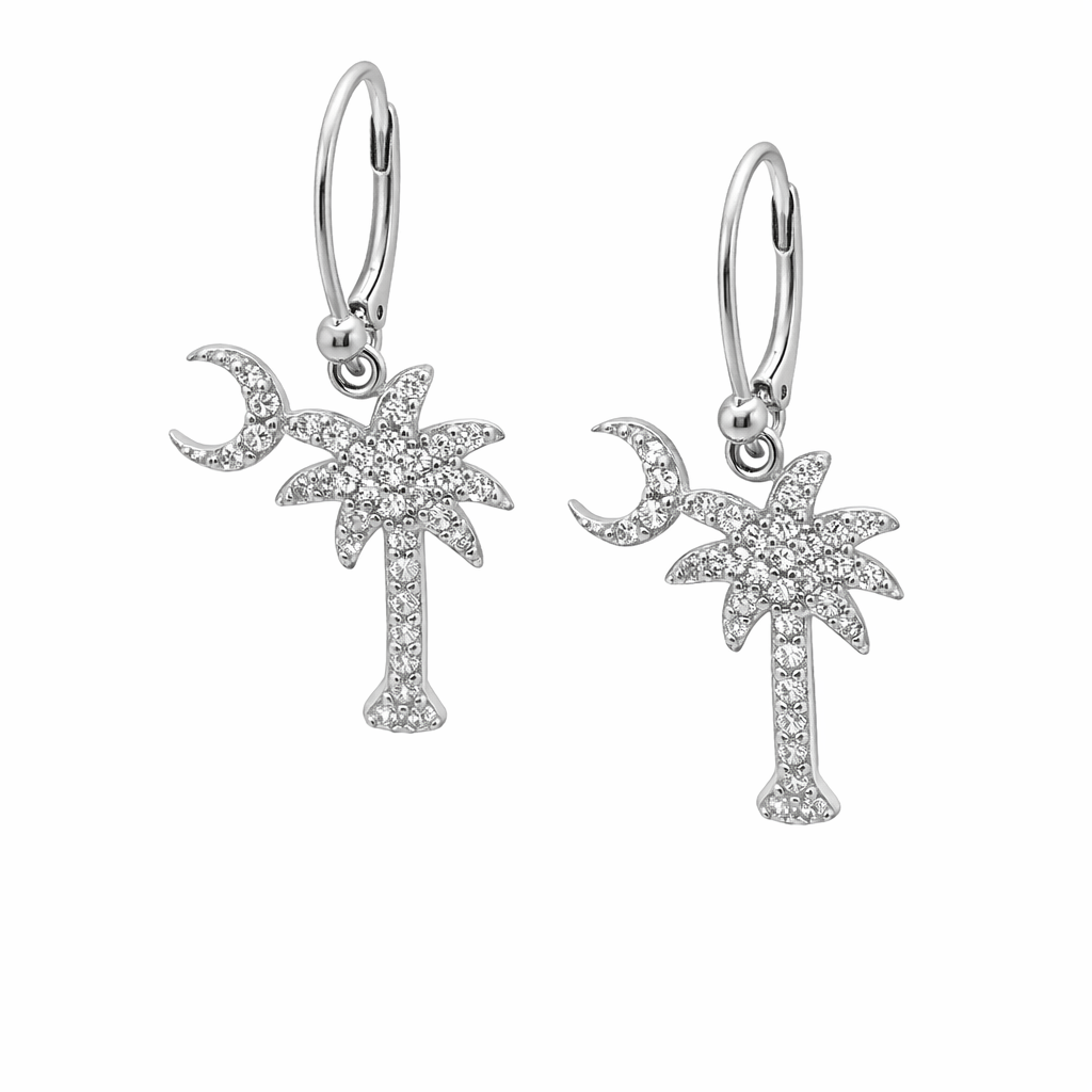 Sterling Silver CZ Palm Tree & Moon Dangling Earrings