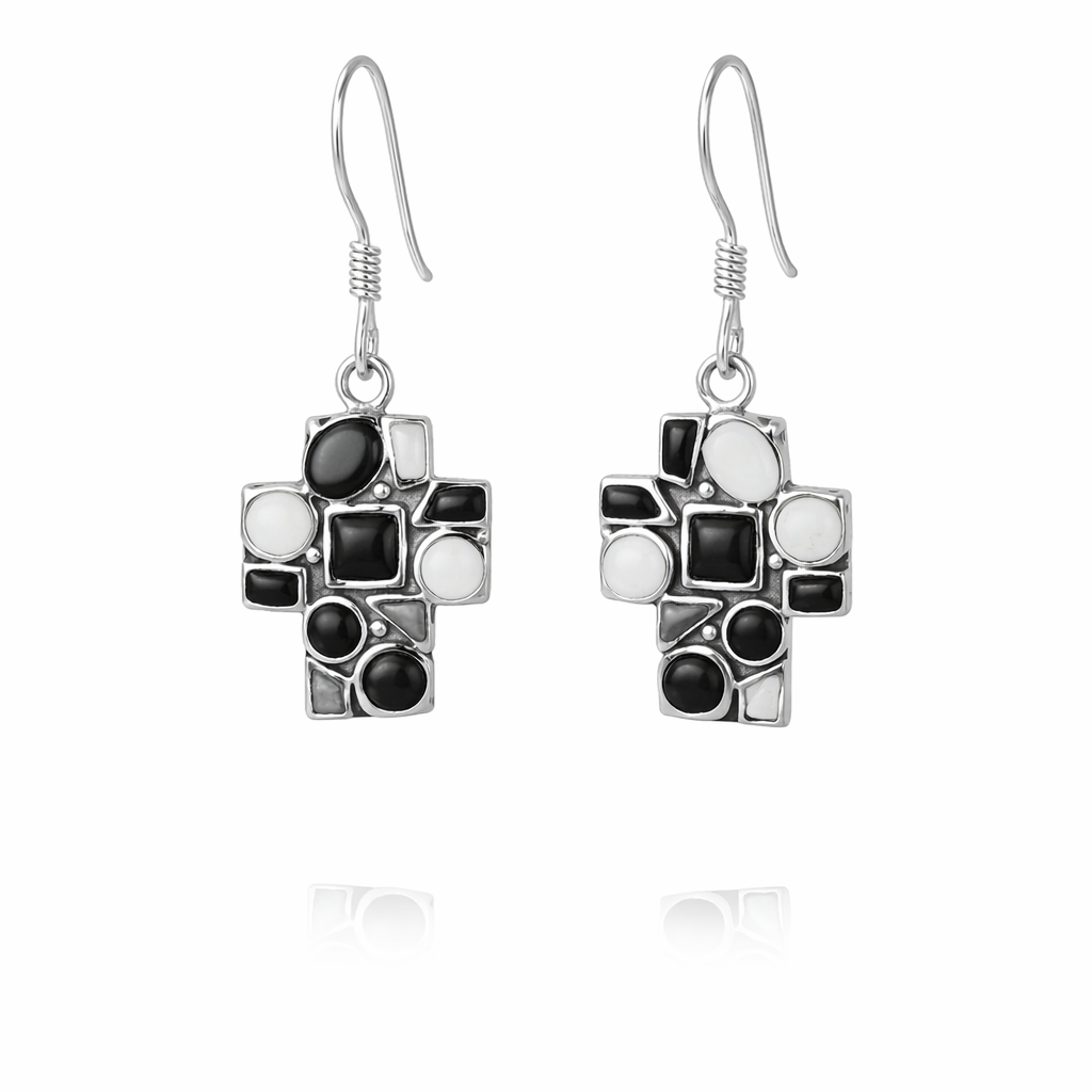 Sterling Silver Black Onyx and Colored Stone Cross Dangling Earrings