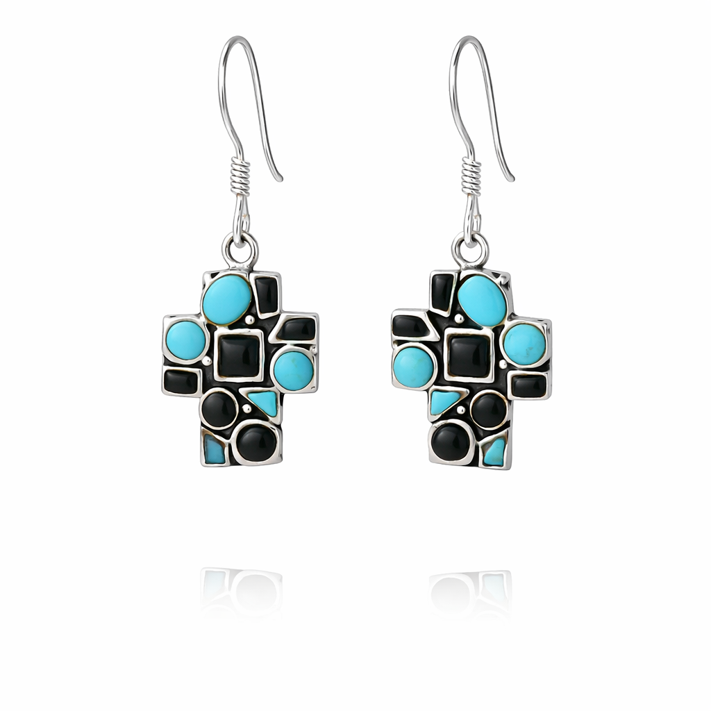 Sterling Silver Black Onyx and Colored Stone Cross Dangling Earrings