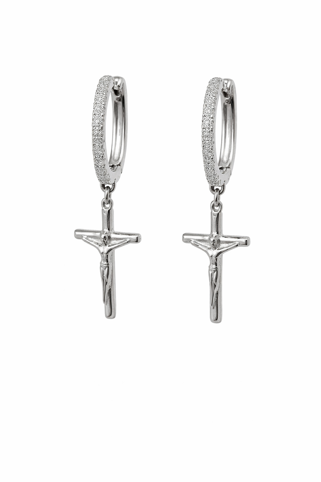 Sterling Silver Jesus On Cross Dangling CZ Huggie Earrings
