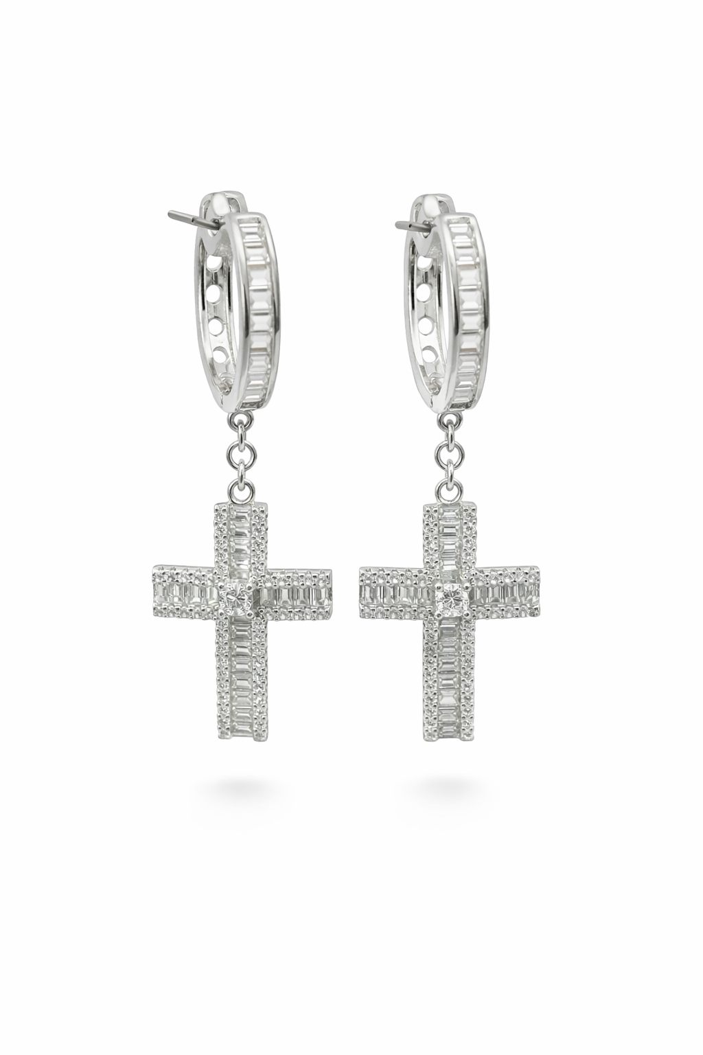 Sterling Silver Dangling CZ Cross Huggie Earrings