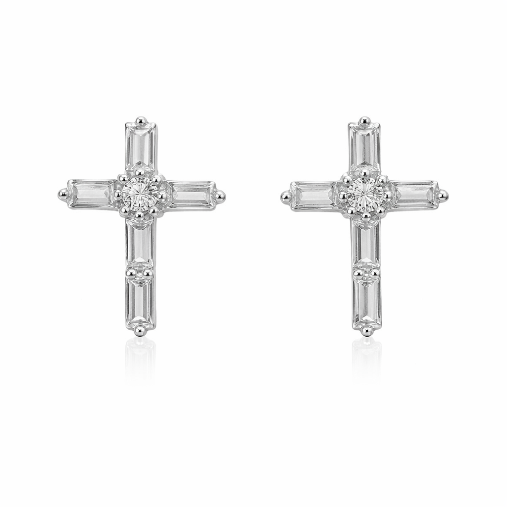 Sterling Silver Baguette CZ Cross Studs