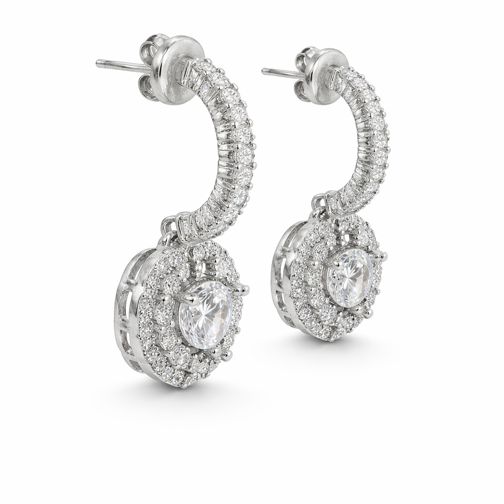 Sterling Silver CZ Heart Dangling Post Earrings