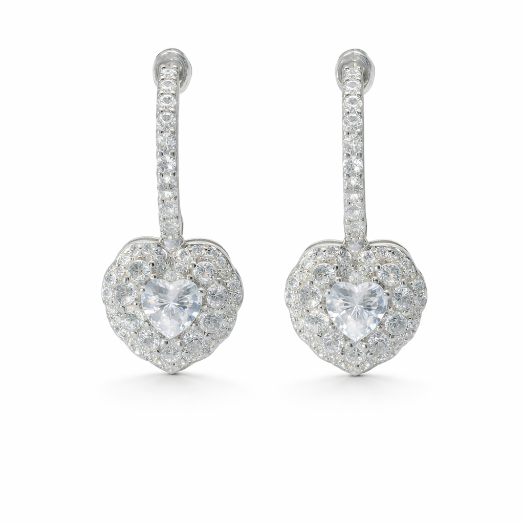 Sterling Silver CZ Heart Dangling Post Earrings
