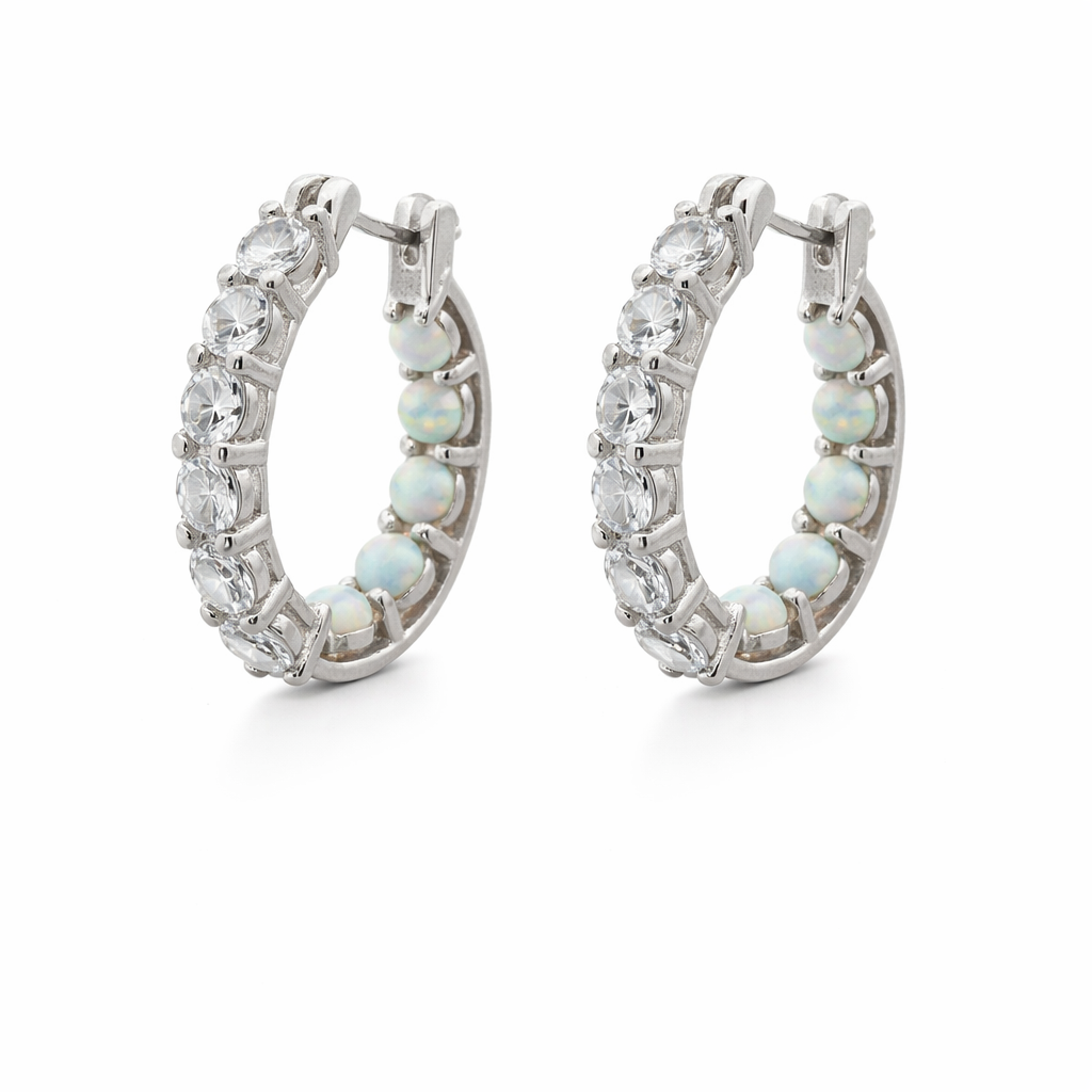 Sterling Silver Half Opal and Half CZ Hoop Earrings