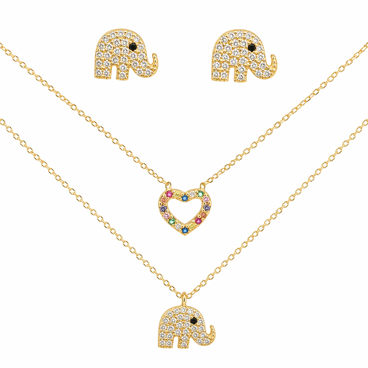 GOLD MULTI COLOR CZ HEART/ELEPHANT DOUBLE LAYER NECKLACE & ELEPHANT EARRING SET