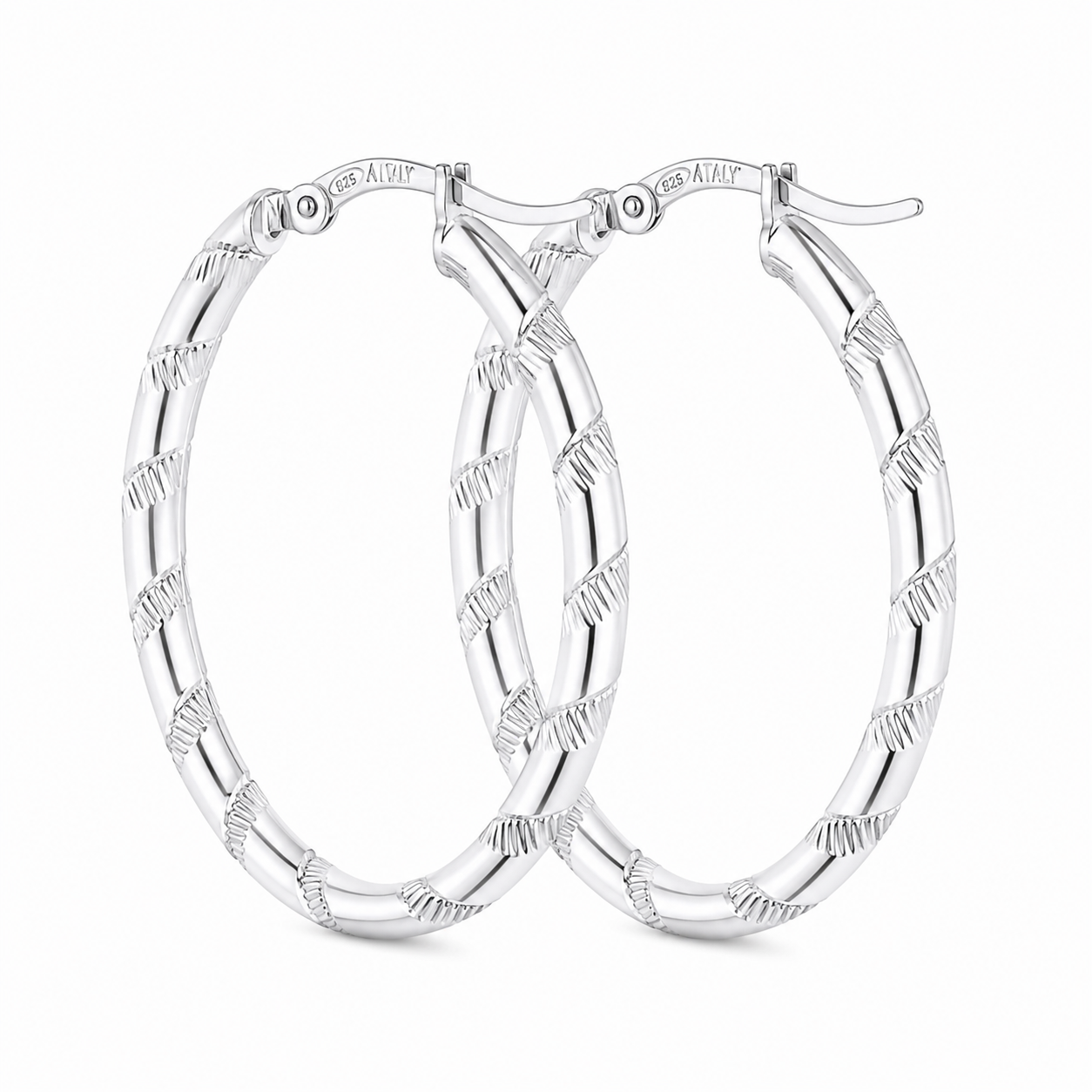 Sterling Silver Spiral Detailed Textured Oval Hoops