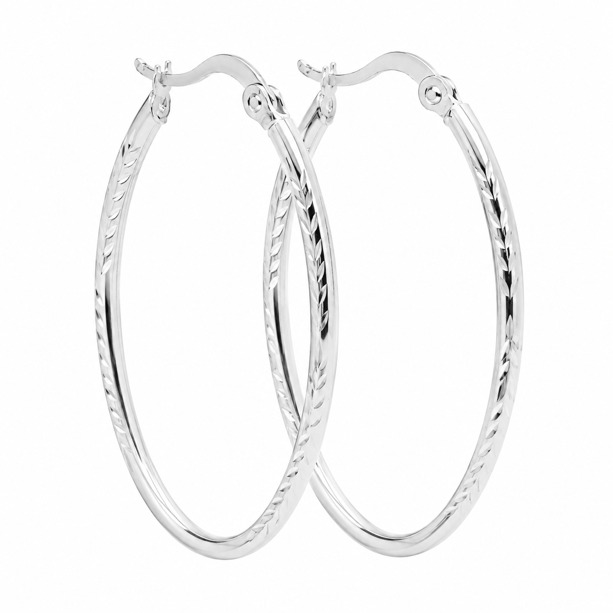 Sterling Silver Leaf Detailed Oval Hoops