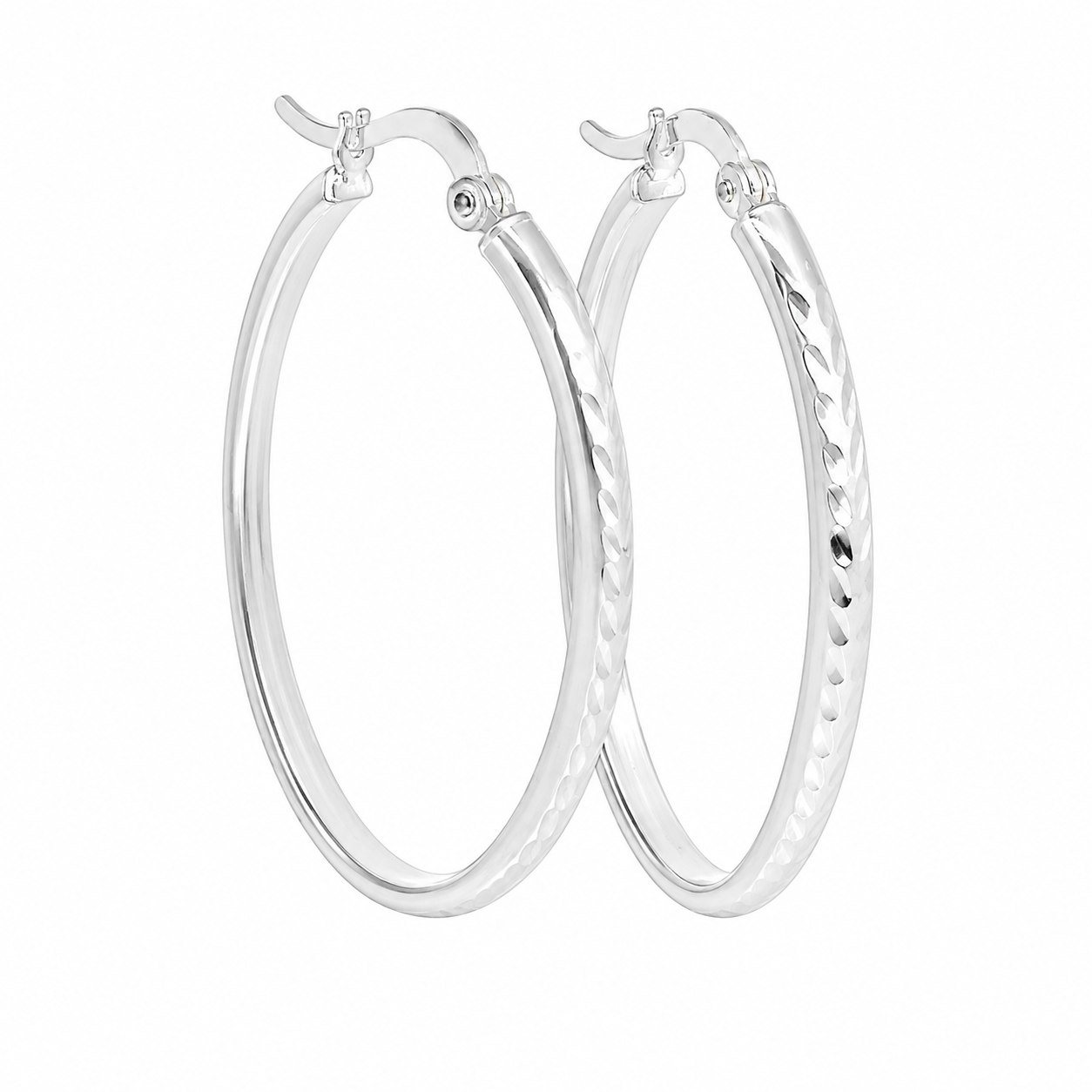Sterling Silver Leaf Detailed Medium Oval Hoops