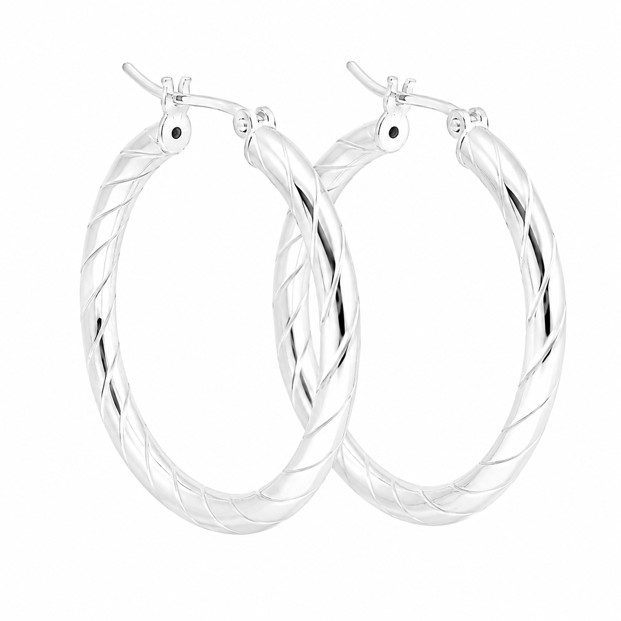 Sterling Silver Spiral Detail Round Hoops (3MM Thick, 30MM Wide)