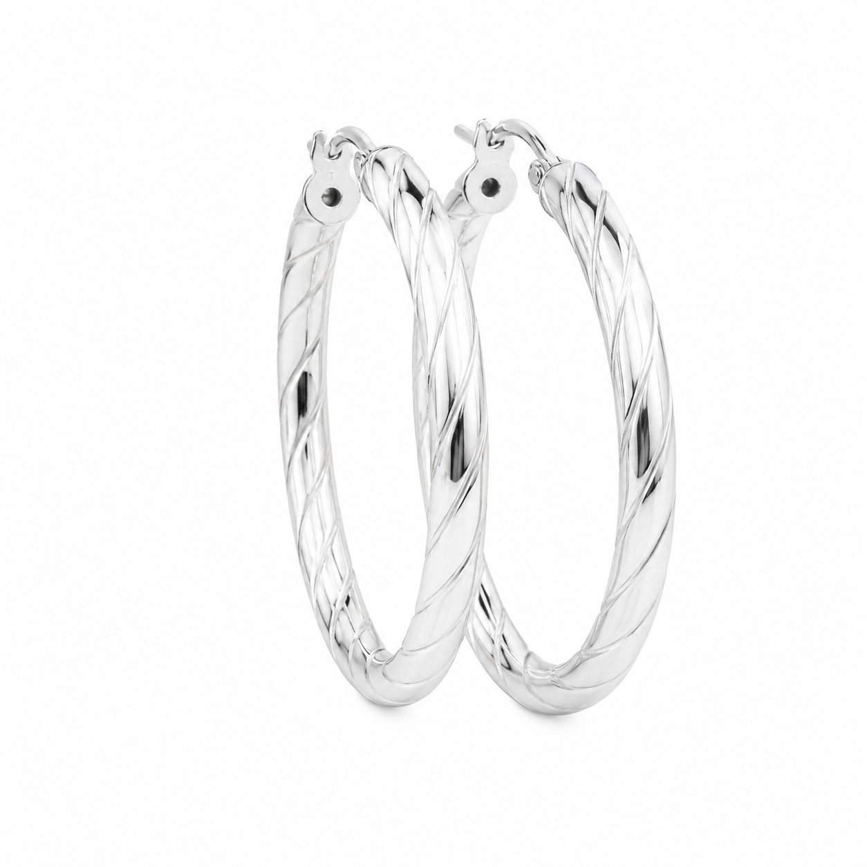 Sterling Silver Spiral Detail Round Hoops (3MM Thick, 32MM Wide)