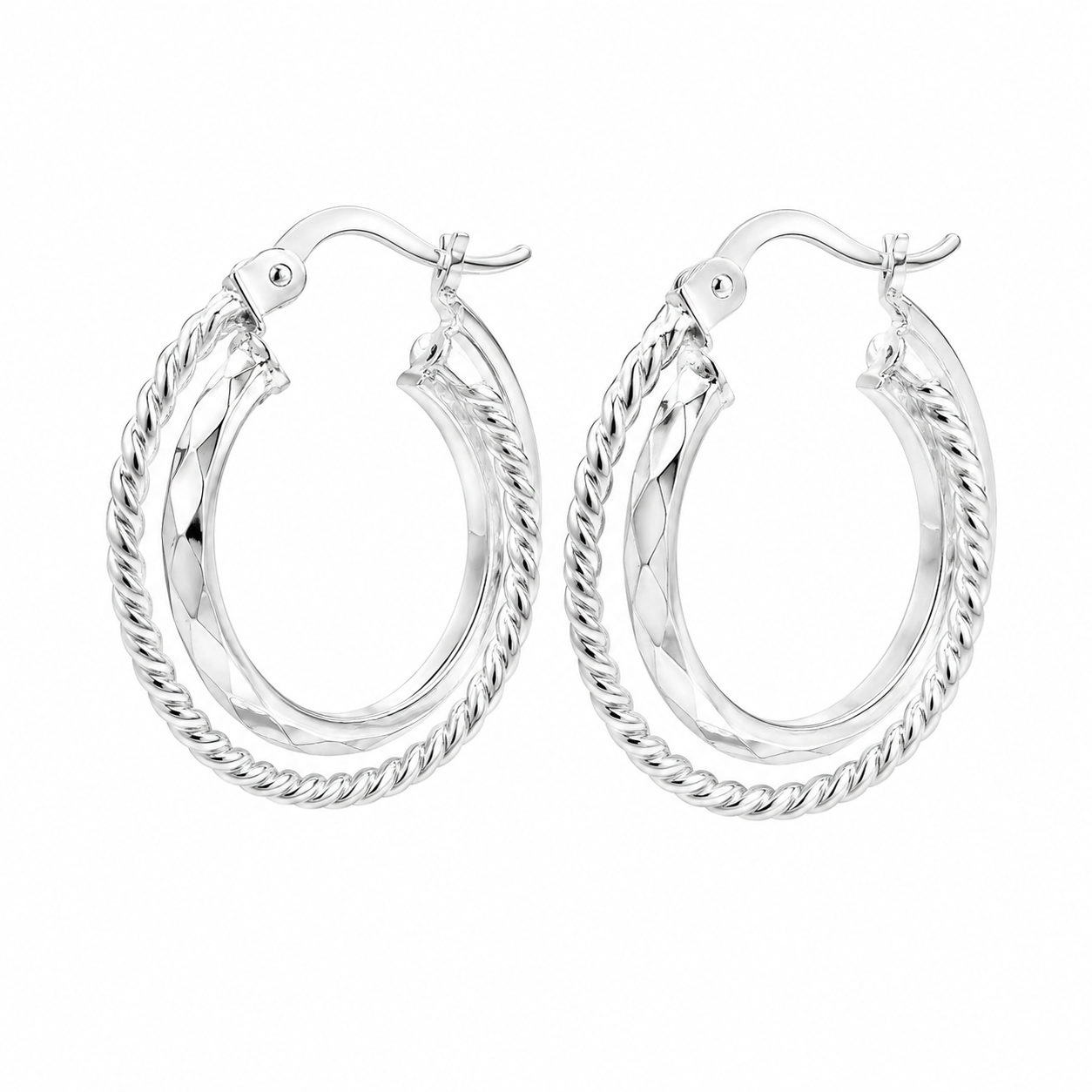 Sterling Silver 3 Ring Twisted Round Hoops
