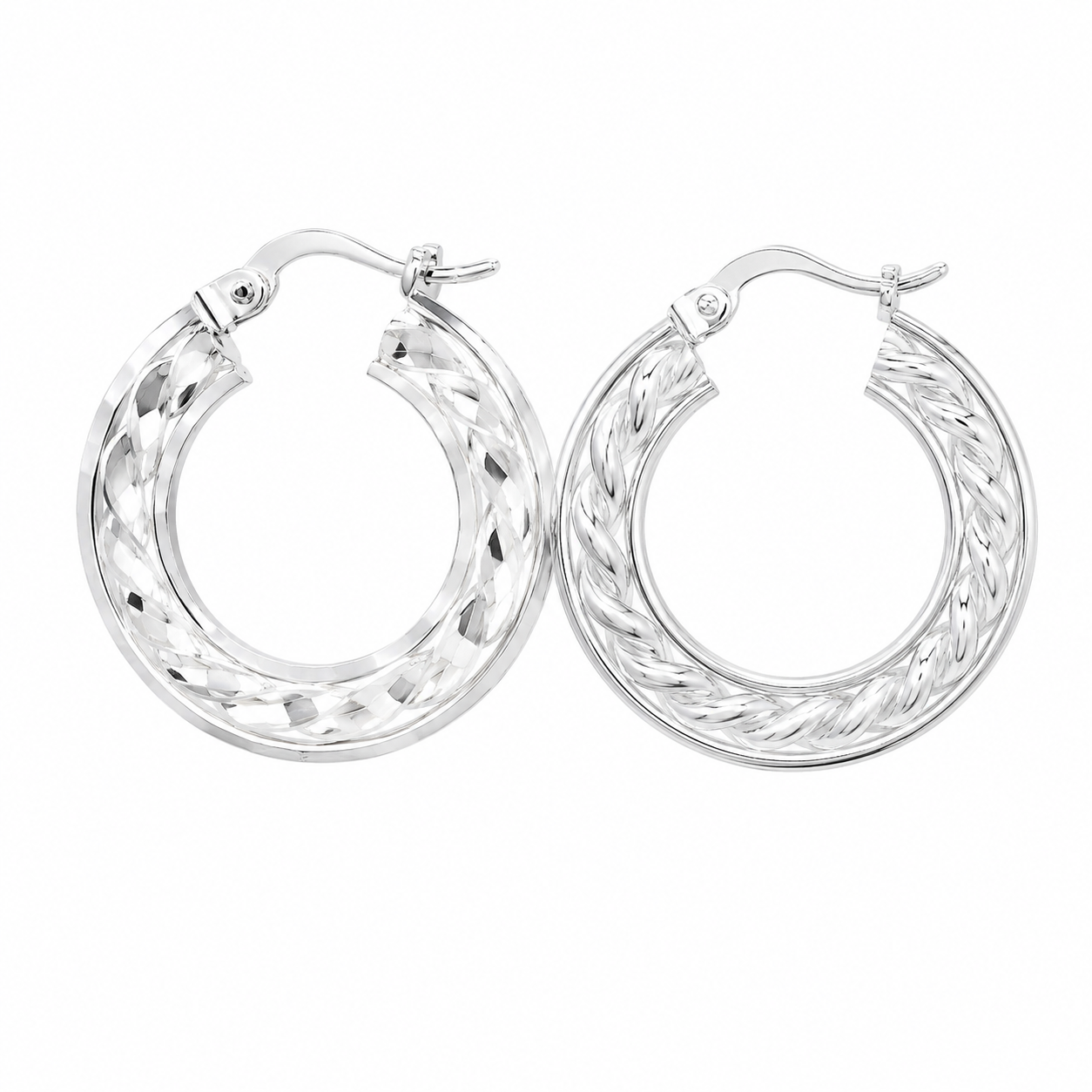 Sterling Silver 3 Ring Hammered & Twisted Design Round Hoops