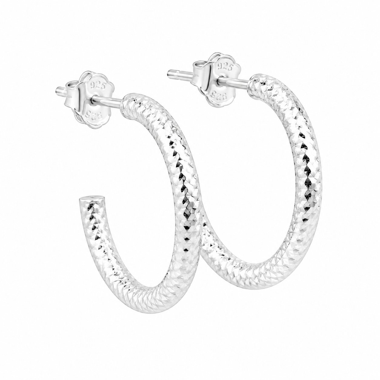 Sterling Silver Diamond Cut Medium Size Post Hoop Earrings