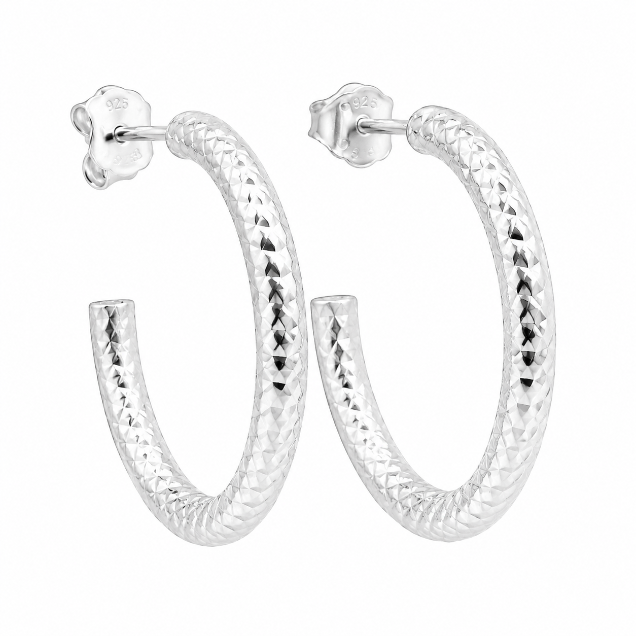 Sterling Silver Diamond Cut Medium Size Post Hoop Earrings